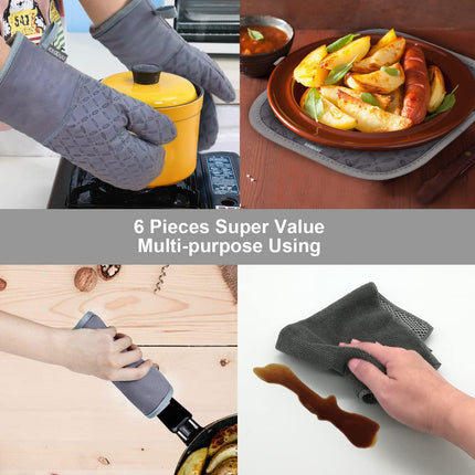 6pcs Oven Mitts and Pot Holders Set Heat Resistant 500 Degree Kitchen Gloves