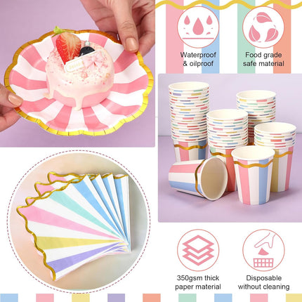 108-Piece Colorful Party Set – Pastel Striped Plates, Napkins & Cups
