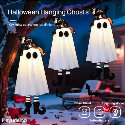 3-Pack 19in Light-Up Hanging Ghosts with Witch Hats, Halloween Yard & Patio Decor