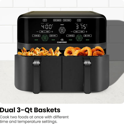 6QT Dual Air Fryer with 2 Independent Baskets Smart Sync Finish Touchscreen