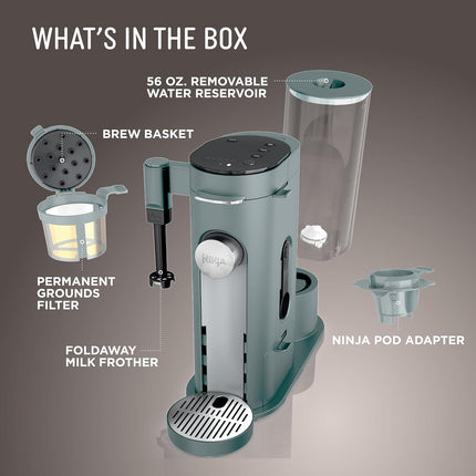 Pods & Grounds Single Serve Coffee Maker with Milk Frother Sage Green