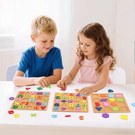 3-Pack Preschool Wooden Puzzles – Letters, Numbers & Shapes for Ages 3-5