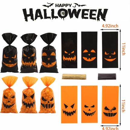 100-Pack Halloween Cellophane Candy Cookie Bags, Black Orange with Twist Ties