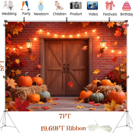 Large 7x5FT Fall Backdrop – Autumn Pumpkin, Maple Leaves, Barn Wood & Ribbon for Parties