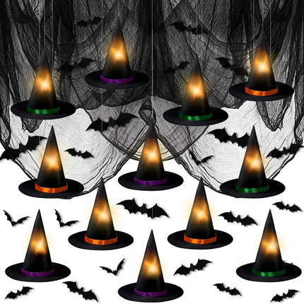 12PCS Lighted Hanging Witch Hats with 28 3D Bats & Creepy Cloth, Halloween Decor