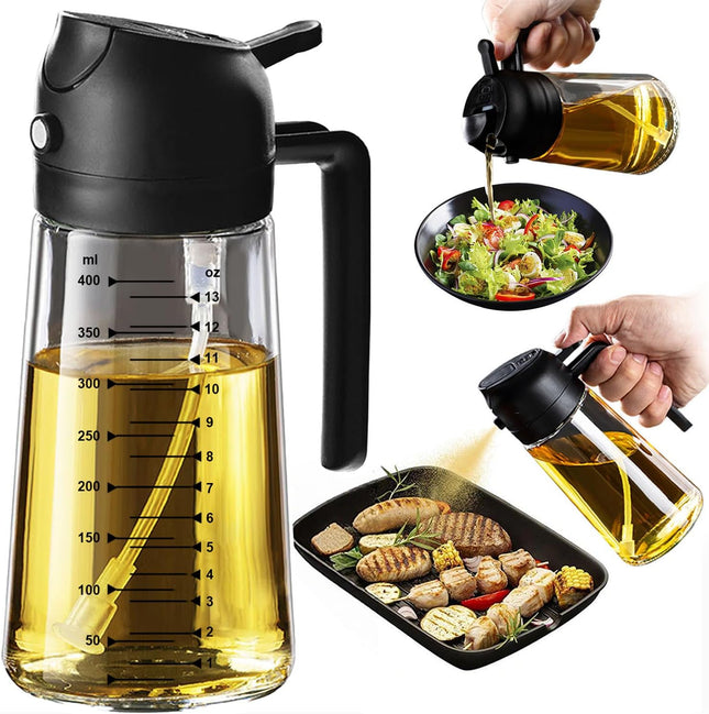 Black 16oz Olive Oil Sprayer – 2-in-1 Dispenser for Cooking, BBQ & Air Fryer Use