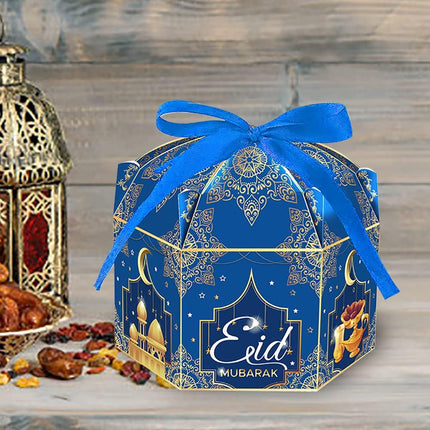 12PCS Eid Mubarak Boxes Blue Candy Treat Boxes with Ribbon for Ramadan