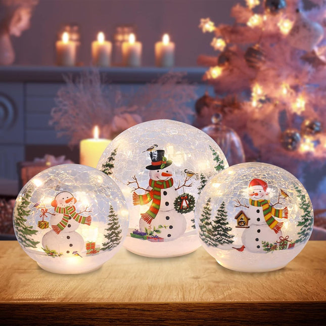3 PCS Sparkling Snowman Globes with LED Lights & Timer, Indoor Xmas Table Decor