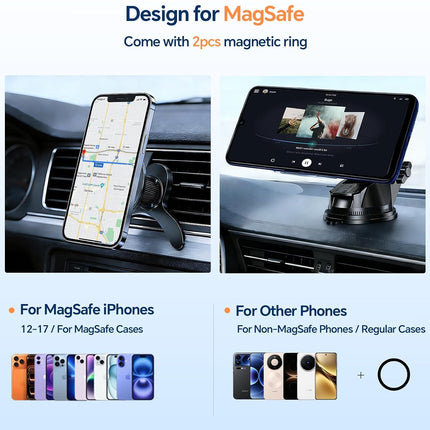 2-Pack MagSafe Car Phone Holder, Adjustable Suction Mount for iPhone & Android, 4-in-1