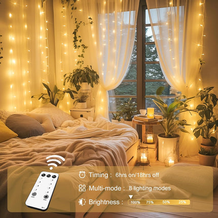 300 LED Curtain String Lights – Warm White, Plug-In with Remote Control