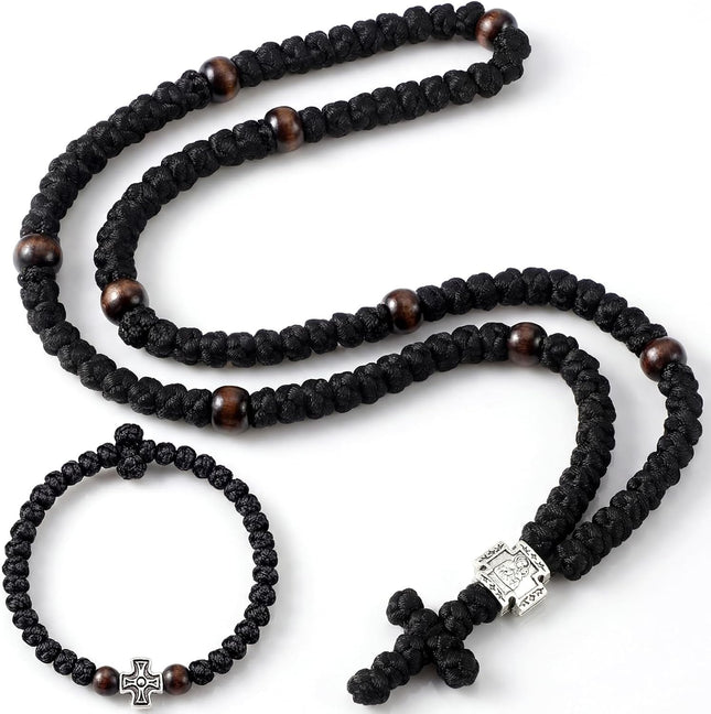 2 Pcs Handmade Orthodox Prayer Rope – 100 & 33 Knots with Cross Charm, Silver