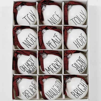 12 Shatterproof White Ornaments with Buffalo Plaid Bows – Farmhouse Xmas Tree Decor