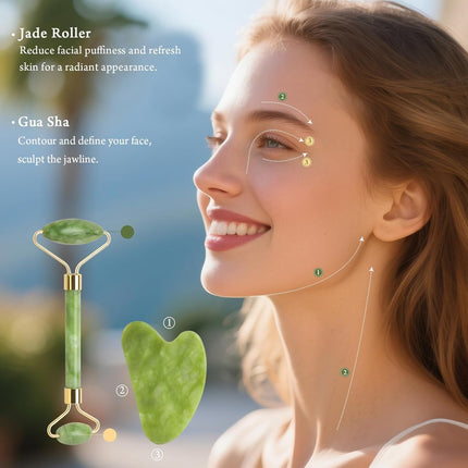 Real Perfection Gua Sha & Jade Roller Set – Reduce Puffiness, Wrinkles, Green