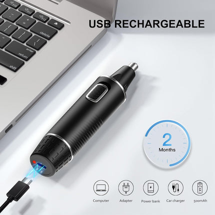 2-in-1 Rechargeable Nose & Ear Hair Trimmer, IPX7 Waterproof, Dual-Edge Blades, Black Silver