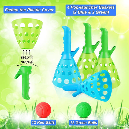 Pop-Pass-Catch Ball Game – 4 Launchers, 24 Balls, Indoor/Outdoor Kids Fun