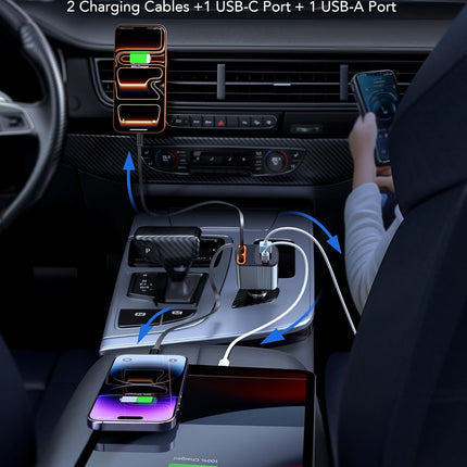 85W 4-in-1 Retractable Car Charger – 2.6ft Cables, USB C + A, Compatible with iPhone