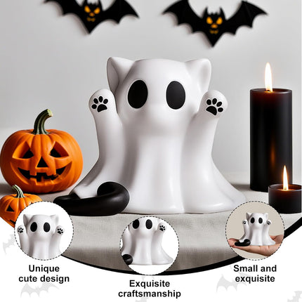 Cute Halloween Cat Ghost Statue, Mini Figurine for Home & Office Desk Decor