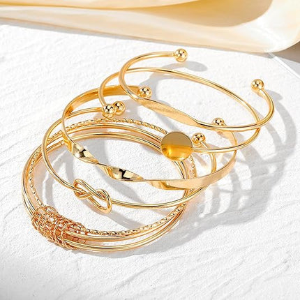 Women Gold Cuff Bracelet Set 14K Plated Multi Layer Stackable Bangles