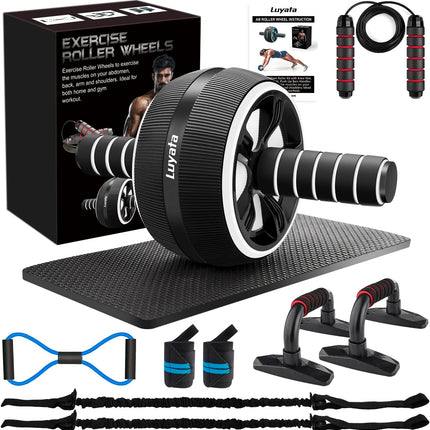 Ab Roller Wheel Set with Knee Mat Push Up Bar & Resistance Bands Home Gym