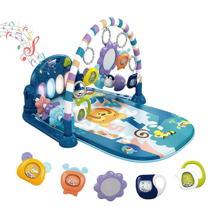 Baby Play Mat Gym Blue Tiger Kick Play Piano Tummy Time Sensory Toys Music Lights