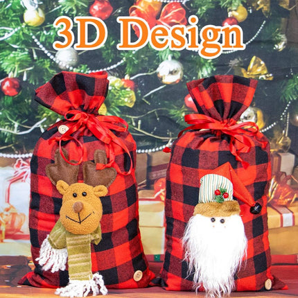 Christmas Santa Sacks 3D Buffalo Plaid Drawstring Bags for Holiday Gifting