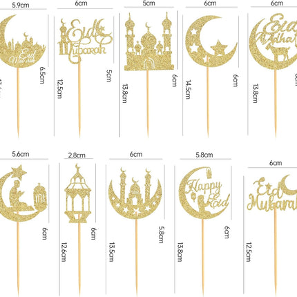 60PCS Eid Mubarak Cupcake Toppers Glitter Moon Star Ramadan Party Decor