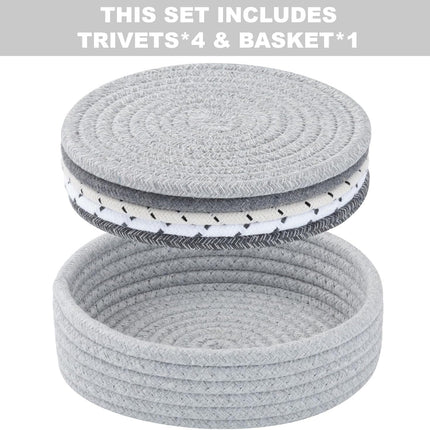 5-Piece Grey Trivet Set – Heat-Resistant Pads with Storage Basket for Kitchen