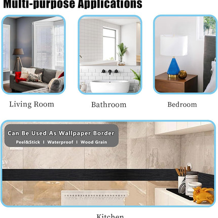 10M Black Wood Grain Wall Border – Removable PVC, Waterproof, Self-Adhesive