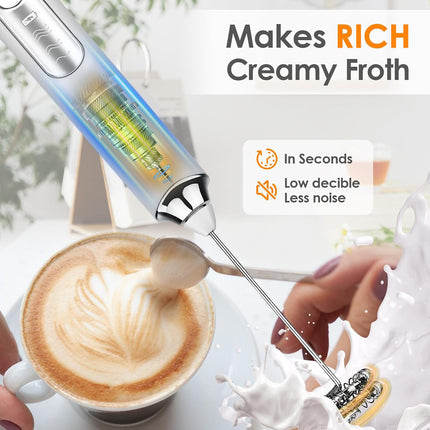 Rechargeable Milk Frother with 3 Speeds, 2 Stainless Steel Whisks, 1500mAh Battery White