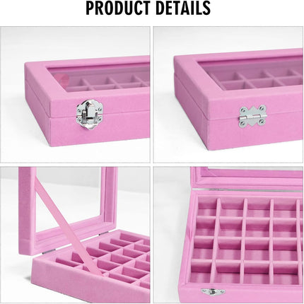 Velvet Jewelry Box – 24-Grid Ring & Earring Organizer, Pink for Women