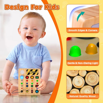 Montessori Busy Board – Wooden Sensory Toy with Switches & LED Lights