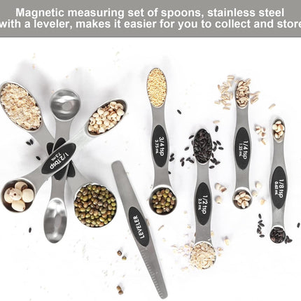 Magnetic Measuring Spoons Set Stainless Steel with Leveler Stackable Kitchen