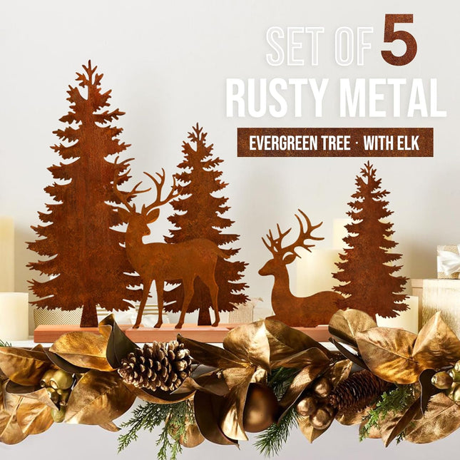 5Pc Metal Christmas Table Decor Rustic Tree & Deer Centerpieces for Shelf/Fireplace