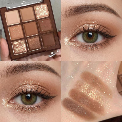 9-Color Chocolate Brown Eyeshadow Palette, Matte Shimmer Glitter, Waterproof Makeup Set