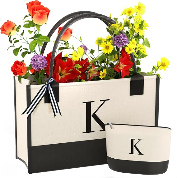 Personalized Monogram Canvas Tote Bag with Zipper Pockets and Matching Makeup Bag