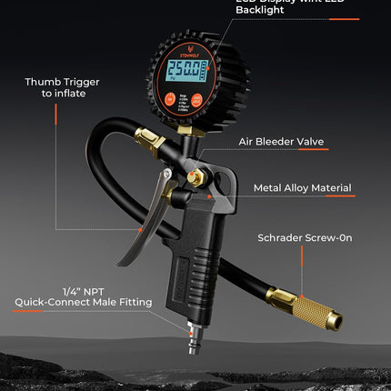 T500 Digital Tire Pressure Gauge with Inflator – 0-250 PSI, Calibrated to ANSI B40.7 Grade 2A