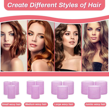 48PCS Hair Rollers Set, 24 Curlers & 24 Clips, Jumbo to Small Sizes for All Hair Lengths, Purple