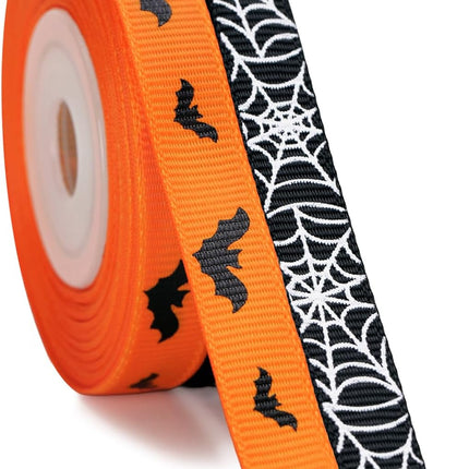 2-Roll Halloween Grosgrain Ribbon 3/8in x 20 Yards, Bat & Spider Web Print