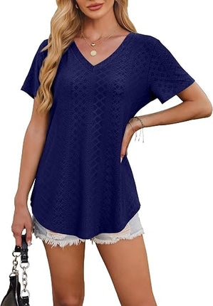 Women’s V Neck T Shirts Short Sleeve Casual Loose Fit Curved Hem Basic Tee
