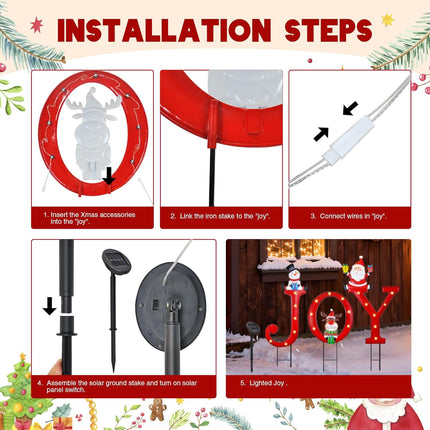 Christmas Yard Stakes Solar Lighted Joy Sign with Santa, Reindeer, Snowman