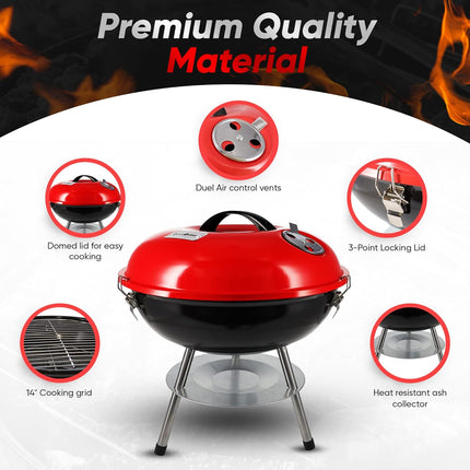 Small 14" BBQ Grill – Heat-Preserving Locking Lid for Camping & Backyard