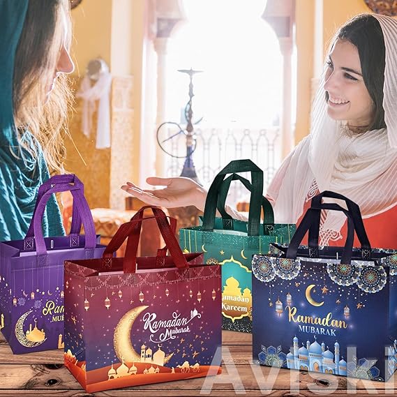8PCS Ramadan Mubarak Reusable Gift Bags – Multicolor, Non-Woven, Islamic Design