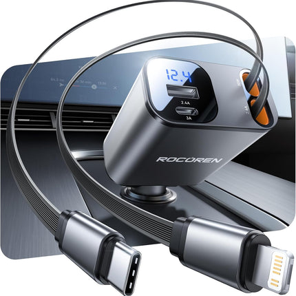 Retractable Car Charger for iPhone – 4-in-1 USB-C 69W Fast Charge