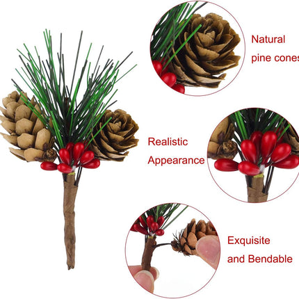 15PCS Mini Pine Cone Picks – Artificial Red Berry & Pine Tree Holiday Decor