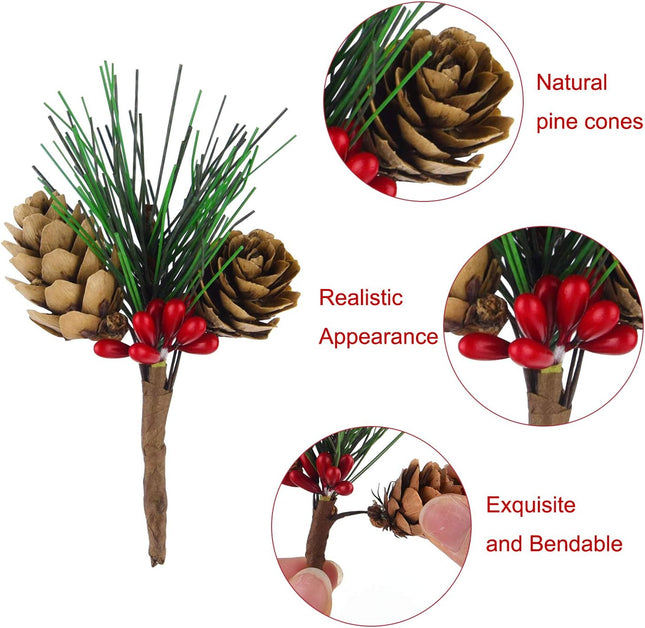 15PCS Mini Pine Cone Picks – Artificial Red Berry & Pine Tree Holiday Decor