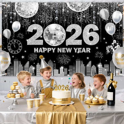 2026 Happy New Year Banner Black & Silver Backdrop 70.8x43.3" NYE Party