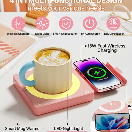 Coffee Mug Warmer with 15W Wireless Charging – 3 Temp Settings, Pink