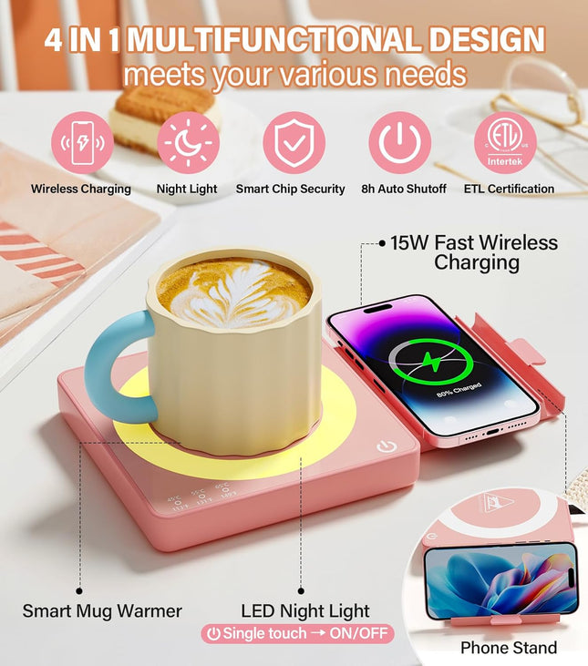 Coffee Mug Warmer with 15W Wireless Charging – 3 Temp Settings, Pink