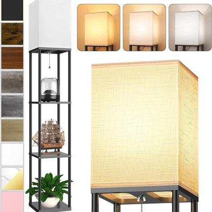 Floor Lamp with 3-Tier Shelves, 3 CCT LED Bulb and White Linen Shade for Living Room