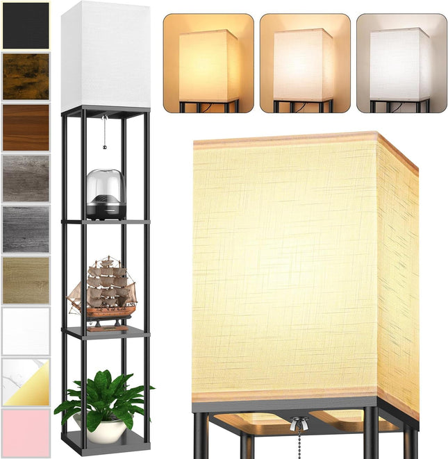 Floor Lamp with 3-Tier Shelves, 3 CCT LED Bulb and White Linen Shade for Living Room